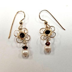14 Karat Yellow Gold Garnet and Freshwater Pearl Dangle Earrings