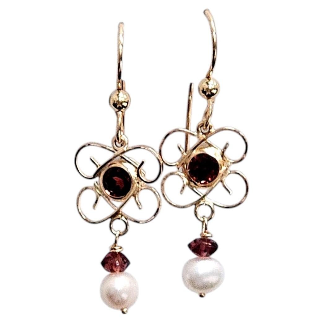 14 Karat Yellow Gold Garnet and Freshwater Pearl Dangle Earrings For Sale