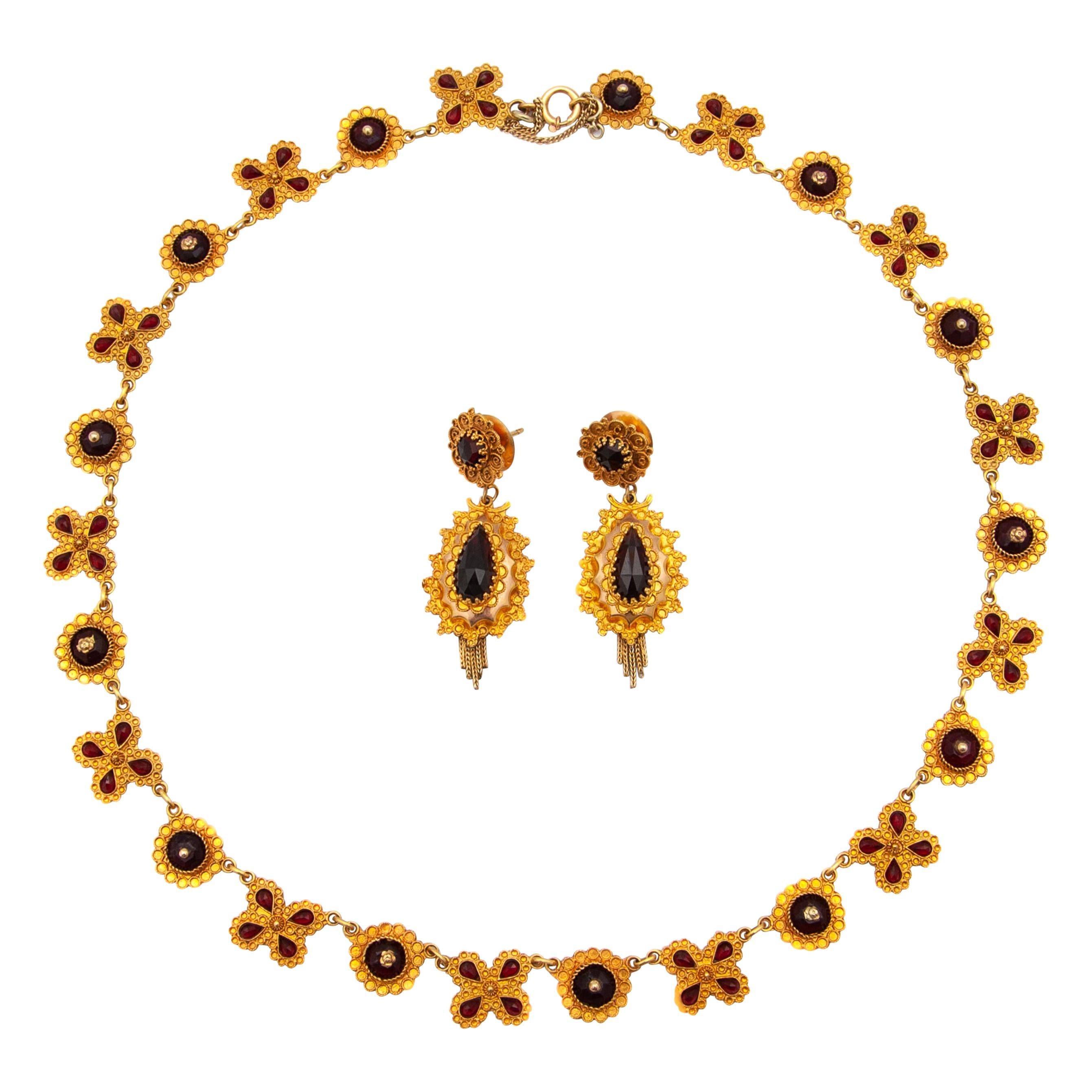 Garnet 14K Yellow Gold Dangle Earrings and Necklace, Jewelry Set