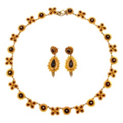Antique 19th Century Garnet 14 Karat Gold Dangle Earrings and Necklace, Jewelry Set