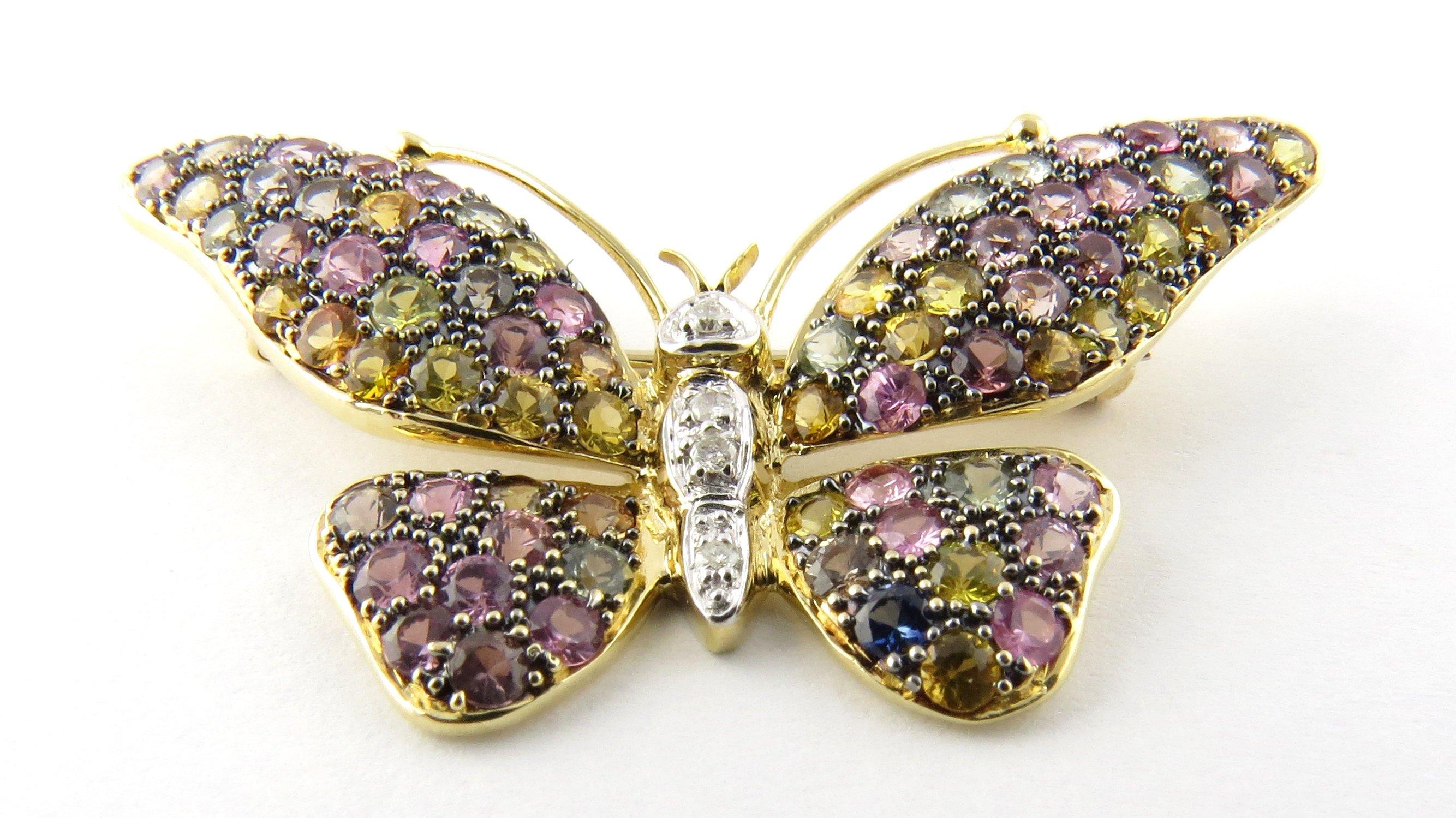 Vintage 14 Karat Yellow Gold Gemstone Butterfly Pin/Brooch- 
This beautifully brooch features a stunning butterfly detailed with multicolored gemstones and four round single cut diamonds set in meticulously detailed 14K yellow gold. 
Approximate