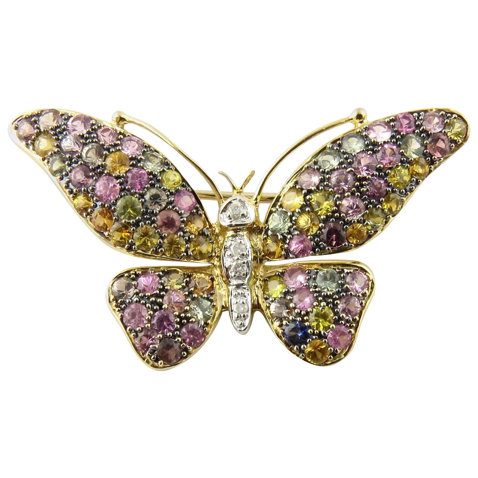 14 Karat Yellow Gold Gemstone Butterfly Pin or Brooch