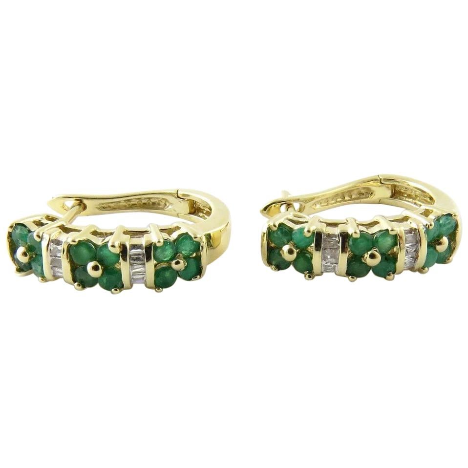 14 Karat Yellow Gold Genuine Emerald and Diamond Earrings