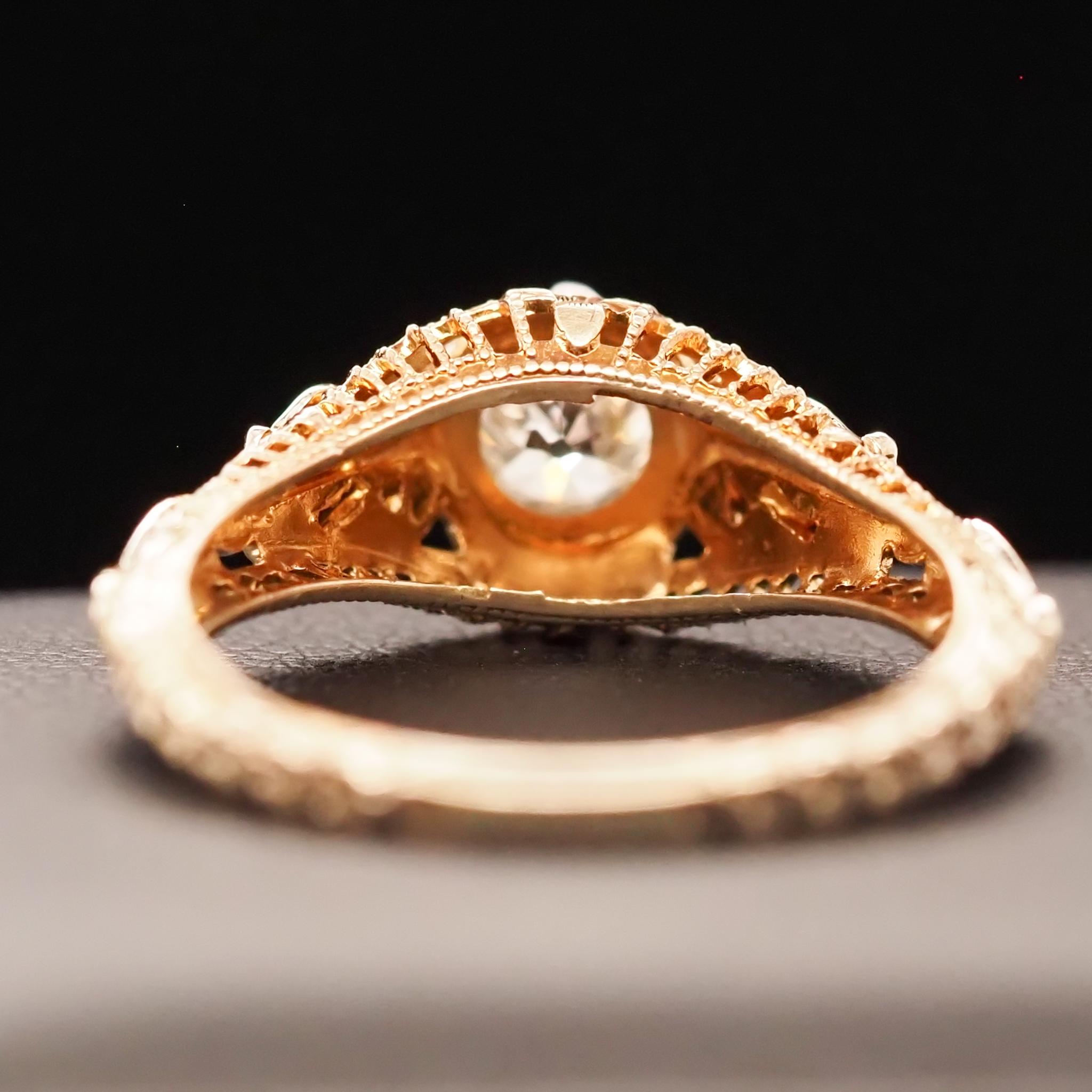 Old European Cut 14 Karat Yellow Gold GIA .56 ct Old European Brilliant Diamond Engagement Ring For Sale