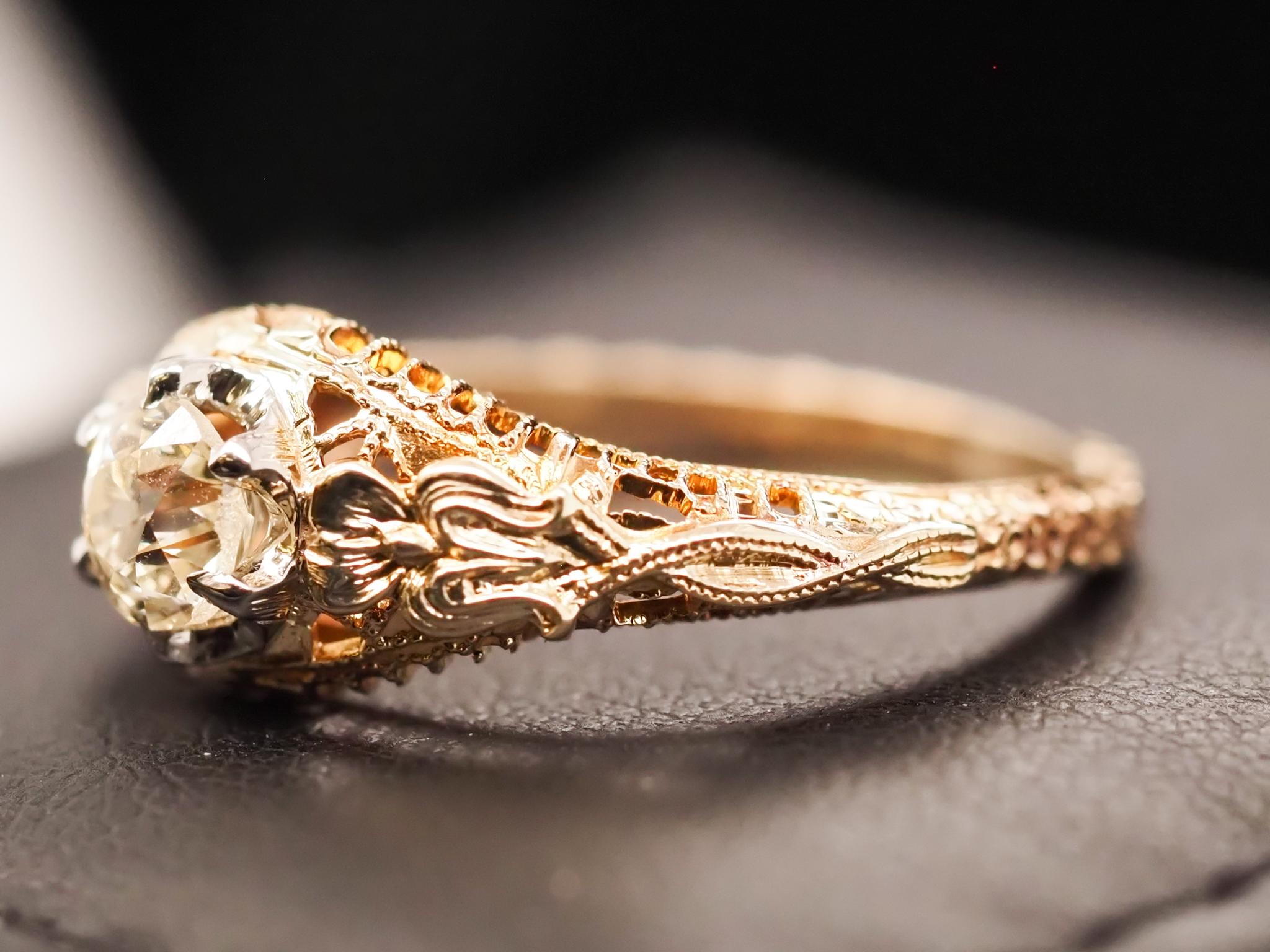 Women's or Men's 14 Karat Yellow Gold GIA .56 ct Old European Brilliant Diamond Engagement Ring For Sale