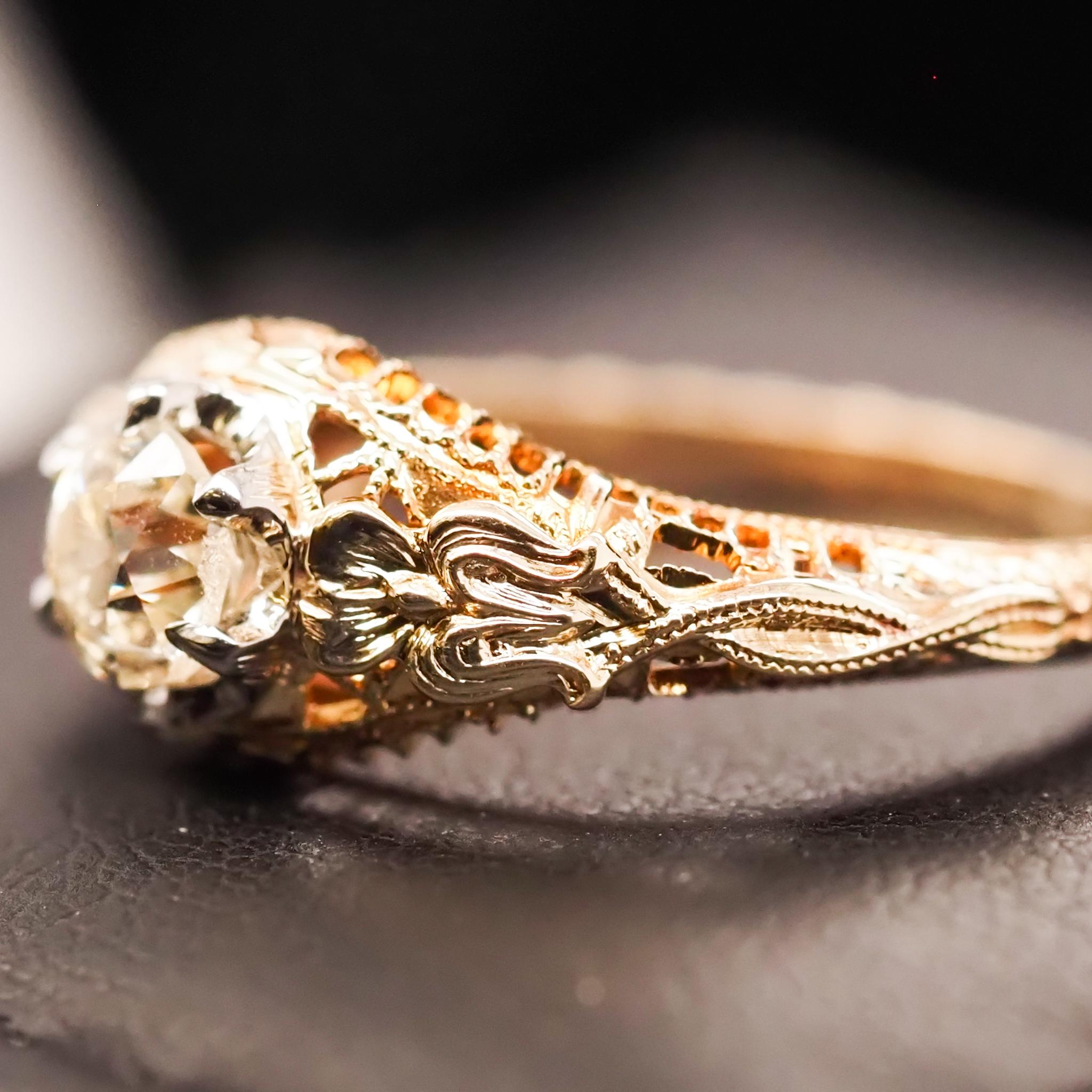 14 Karat Yellow Gold GIA .56 ct Old European Brilliant Diamond Engagement Ring For Sale 1