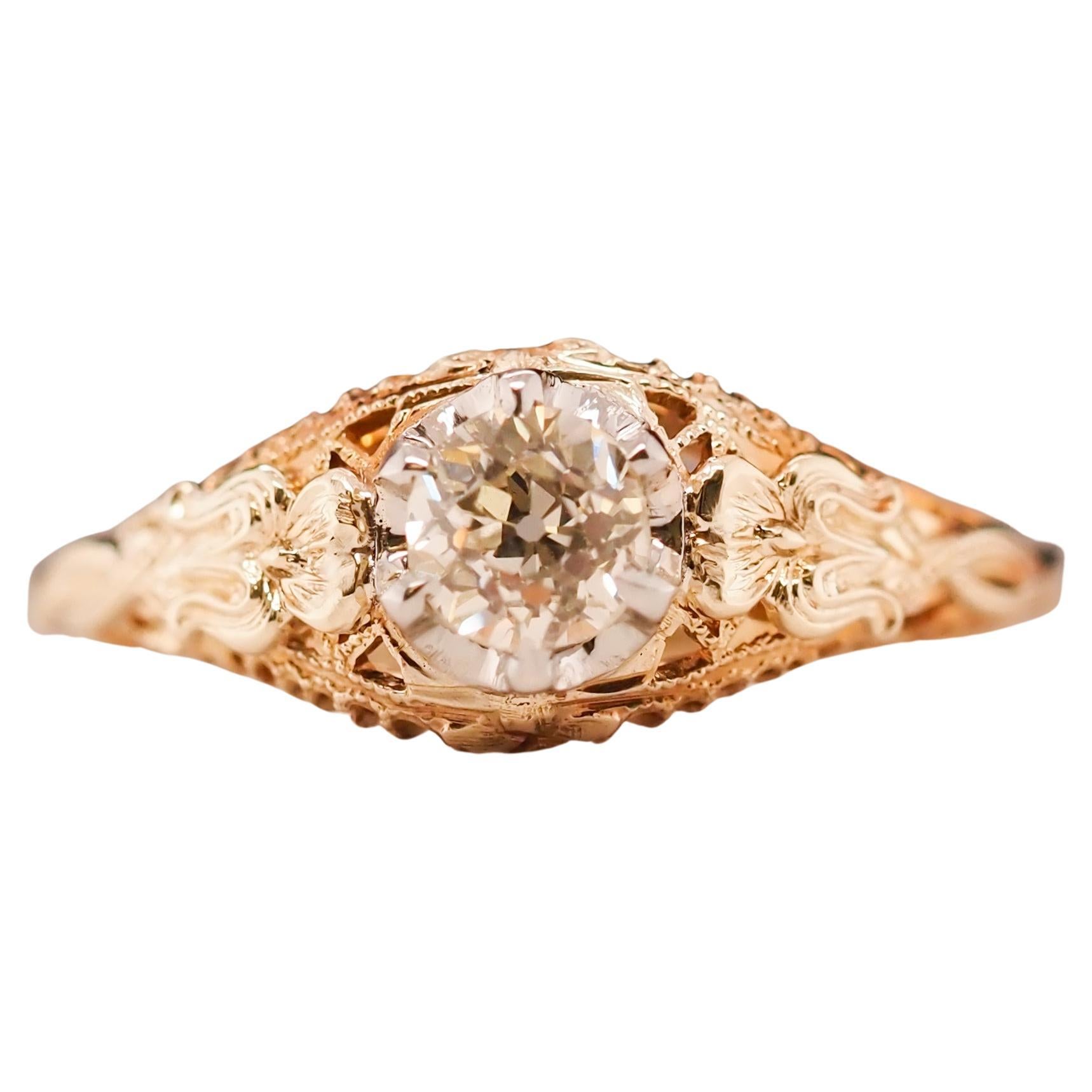 14 Karat Yellow Gold GIA .56 ct Old European Brilliant Diamond Engagement Ring