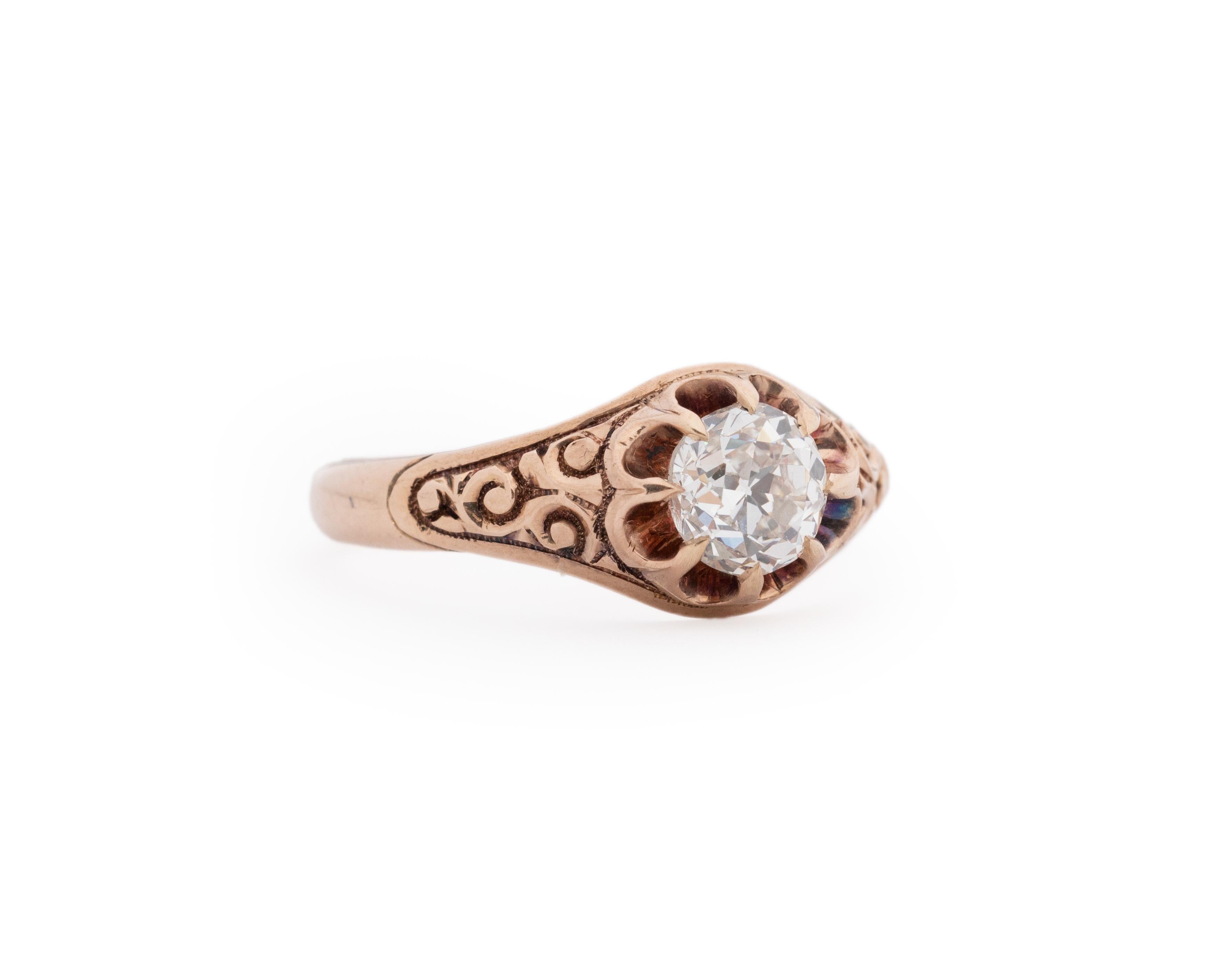 Year: 1900s

Item Details:
Ring Size: 6
Metal Type: 14K Yellow Gold [Hallmarked, and Tested]
Weight: 2.8 grams

Center Diamond Details:

GIA Report#:
Weight: .78ct total weight
Cut: Old European brilliant
Color: J
Clarity: SI1
Type: Natural

Finger