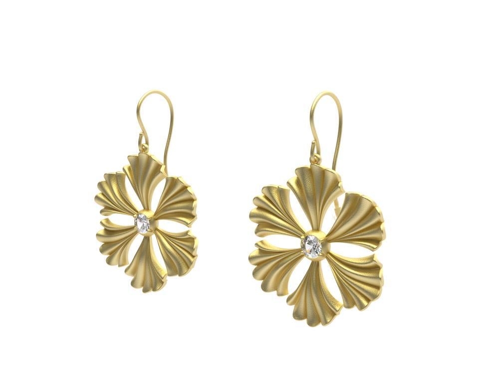 Boucles d'oreilles fleur éventail en or jaune 14 carats avec diamants Pour femmes en vente