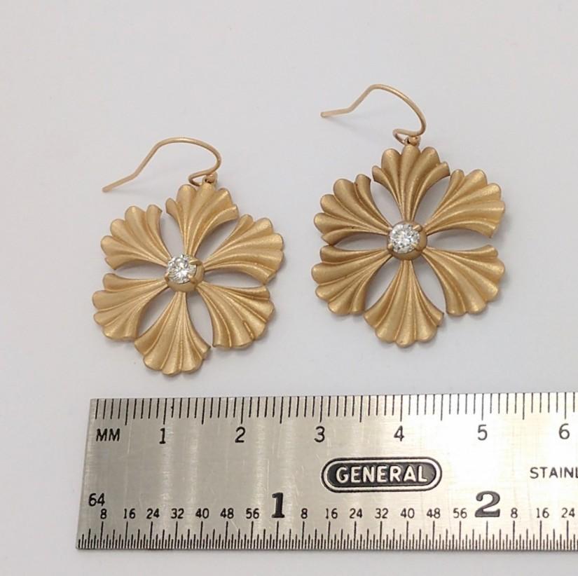14 Karat Yellow Gold Diamond Fan Flower Earrings, Tiffany designer, Thomas Kurilla created this exclusively for 1stdibs. This stylized Fan Flower came from a drawing of a button designed  in 2008.  It was a flat drawing of course. I made it more
