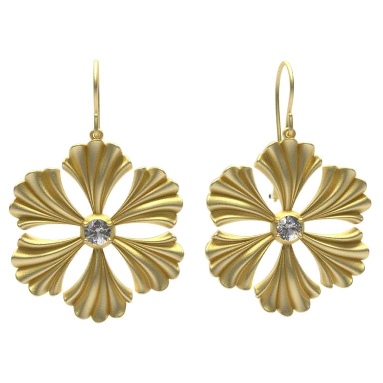 Taille ronde Boucles d'oreilles fleur éventail en or jaune 14 carats avec diamants en vente