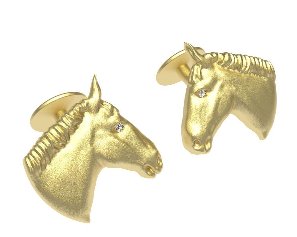 14 Karat Yellow Gold Gia Diamond Horse Cufflinks,  Tiffany Designer, Thomas Kurilla created this for horse lovers. The joy of life, sculpting from a live NYPD Horse. Foley was the model for this elegant horse. Foley was a wild Wyoming horse just a