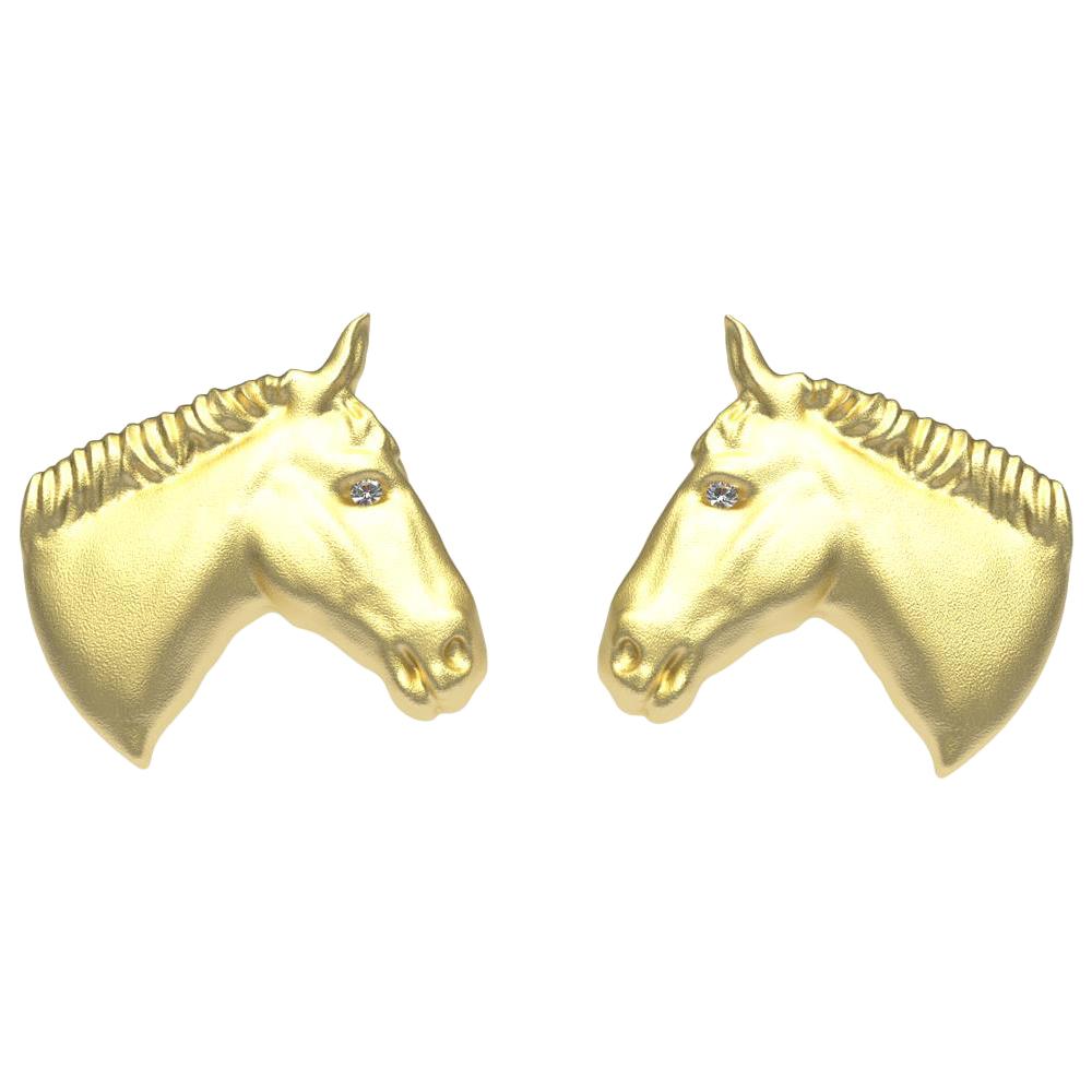 14 Karat Yellow Gold GIA Diamond Horse Cufflinks For Sale