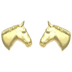 14 Karat Yellow Gold GIA Diamond Horse Cufflinks