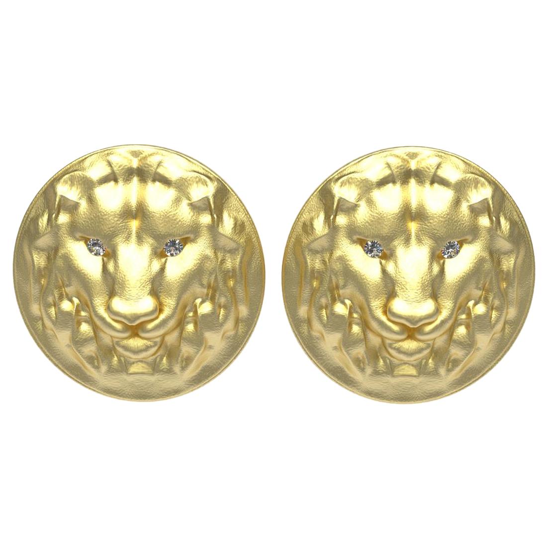 14 Karat Yellow Gold GIA Diamond Lion Cufflinks