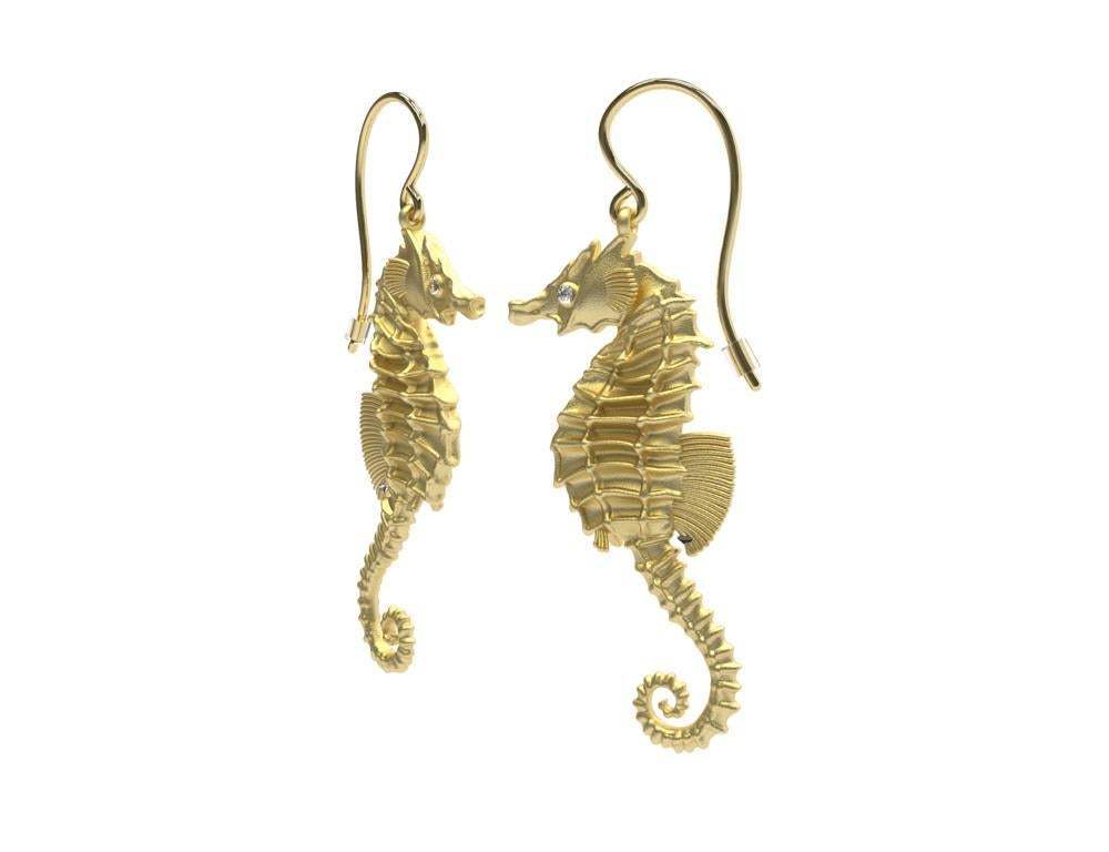 14 Karat Yellow Gold GIA Diamond Sea Horse Earrings, The ocean, we've got to love it. These are actually life size.  30 mm long with diamond eyes. The life and energy of the ocean is beyond compare. It is always different everyday. Winter swimming