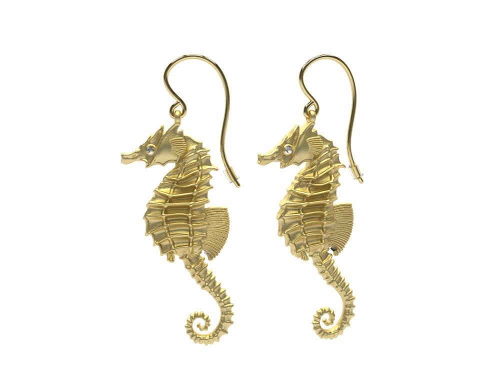 14 Karat Yellow Gold GIA Diamond Sea Horse Earrings In New Condition For Sale In New York, NY