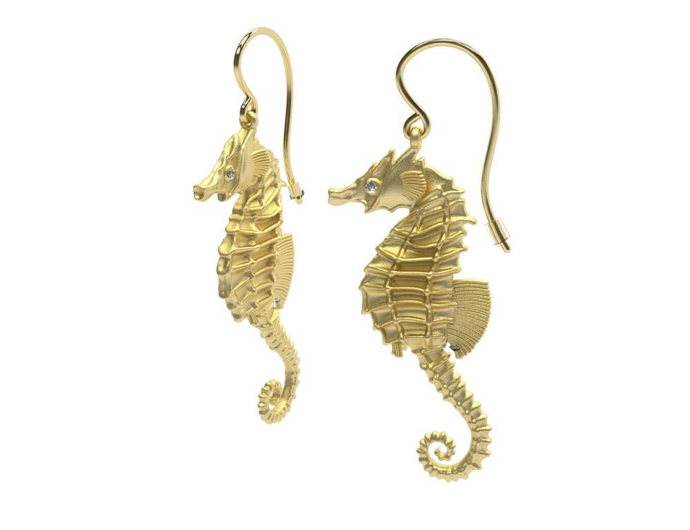 Women's 14 Karat Yellow Gold GIA Diamond Sea Horse Earrings For Sale