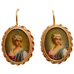 14 Karat Yellow Gold Glass Miniature Victorian Portrait Earrings