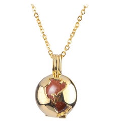 14 Karat Yellow Gold Globe and Round Sandstone Locket Pendant Necklace