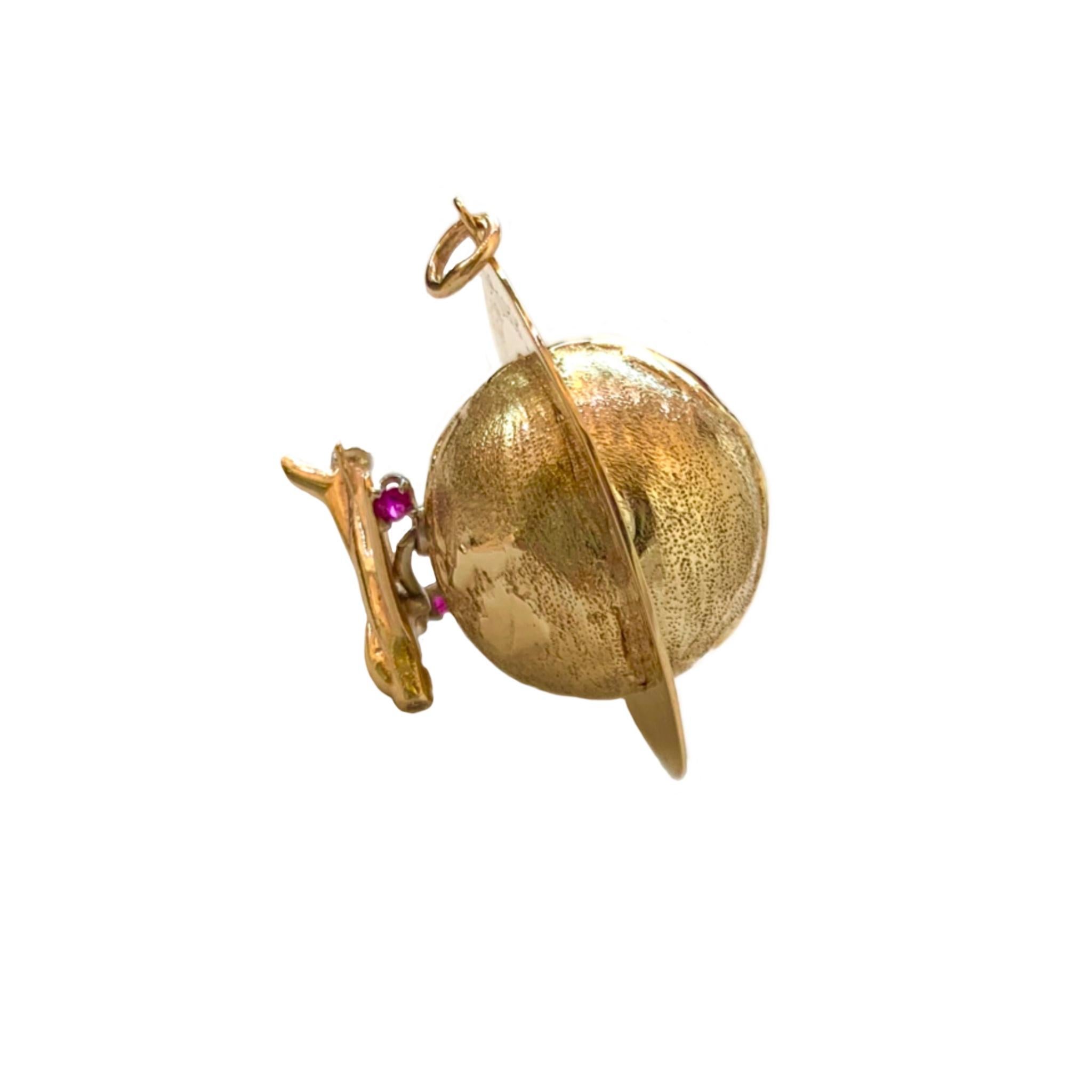 Women's or Men's 14 Karat Yellow Gold Globe Charm with Movable Jet Set with Rubies and Diamonds For Sale