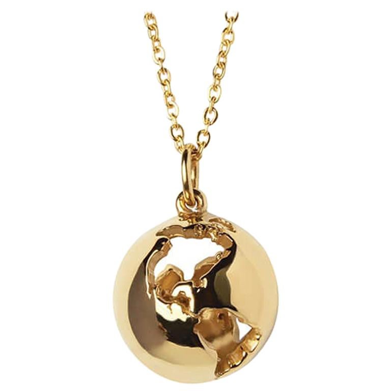 14 Karat Yellow Gold Globe Map Pendant Necklace with Diamond Customization For Sale