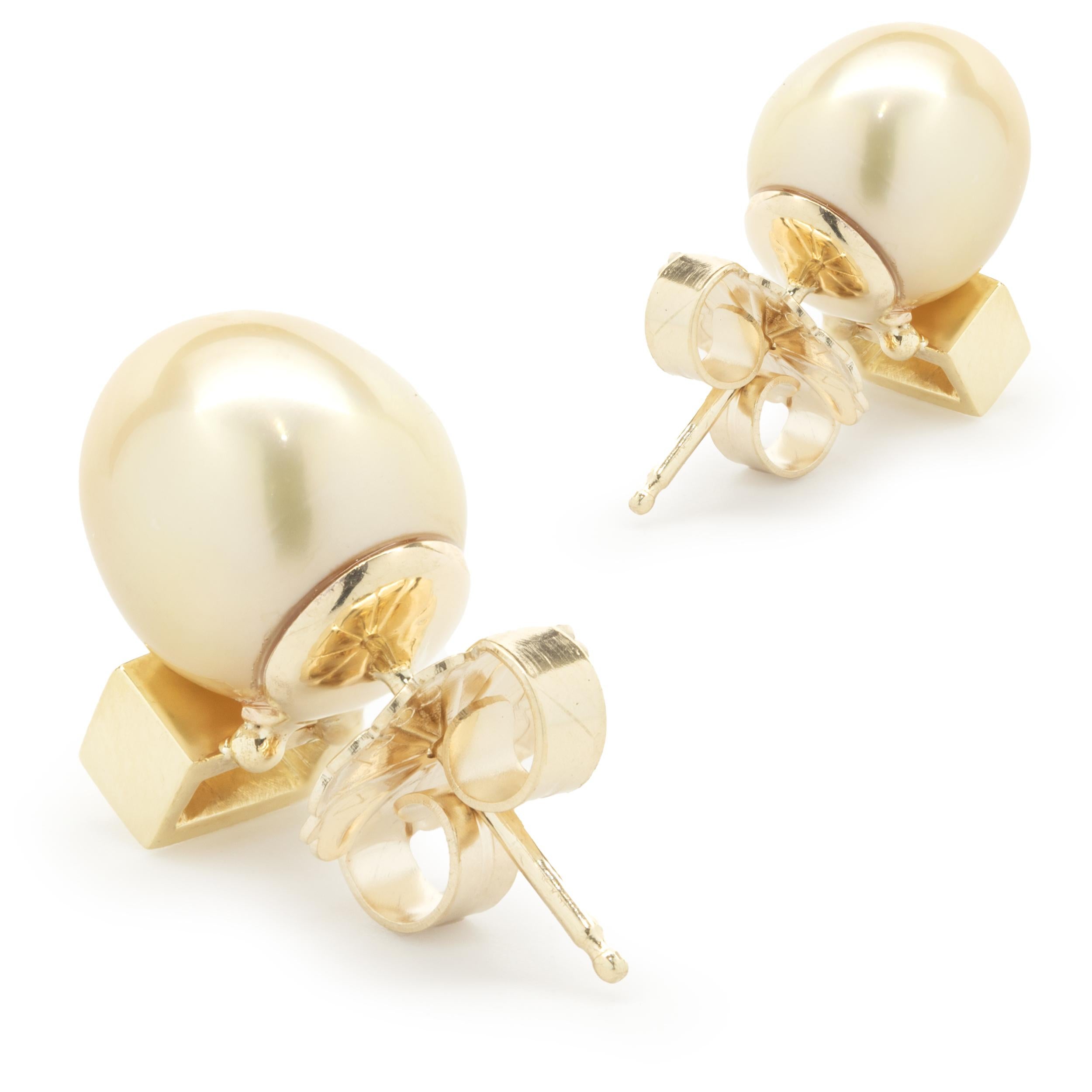 Baguette Cut 14 Karat Yellow Gold Golden Pearl and Diamond Stud Earrings For Sale