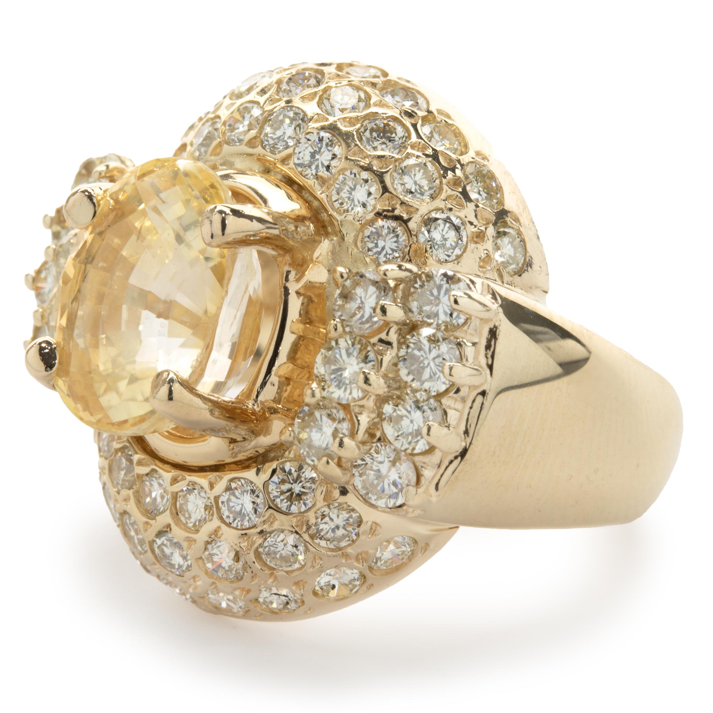 Round Cut 14 Karat Yellow Gold Golden Sapphire and Pave Diamond Ring For Sale