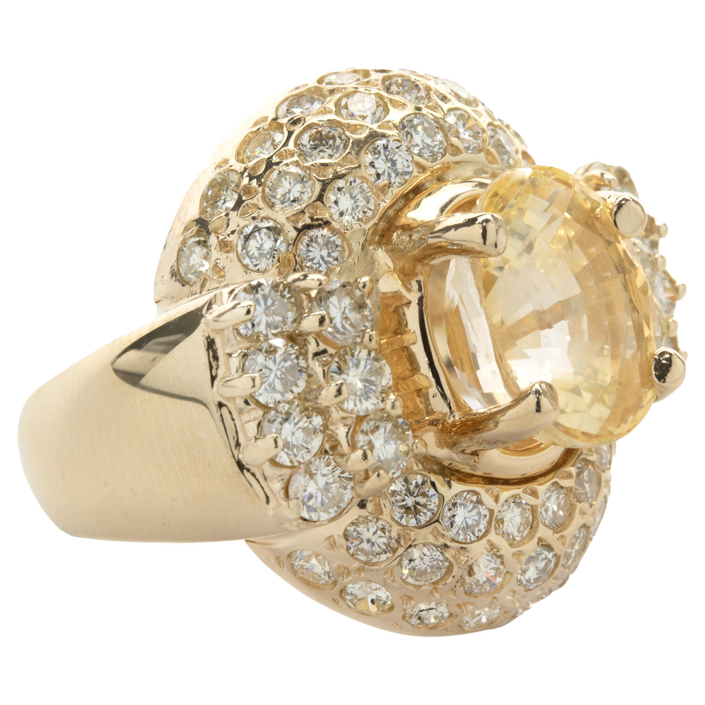 14 Karat Yellow Gold Golden Sapphire and Pave Diamond Ring For Sale