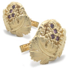 Boutons de manchette en or jaune 14 carats en forme de feuille de raisin avec spinelle violette