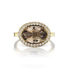 14 Karat Yellow Gold Gray Enamel Smokey Topaz and Diamond Halo Ring