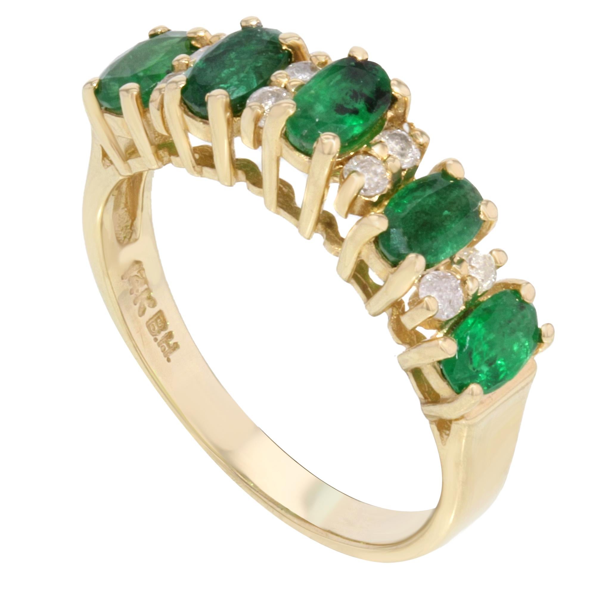 This ring is made of 14K yellow gold and encrusted with approximately 0.12 cttw diamonds and 1.00 cttw emeralds. 

Size of the ring is 6.5. 
Total weight is 3 g. 

The ring comes with a gift box and an appraisal card.