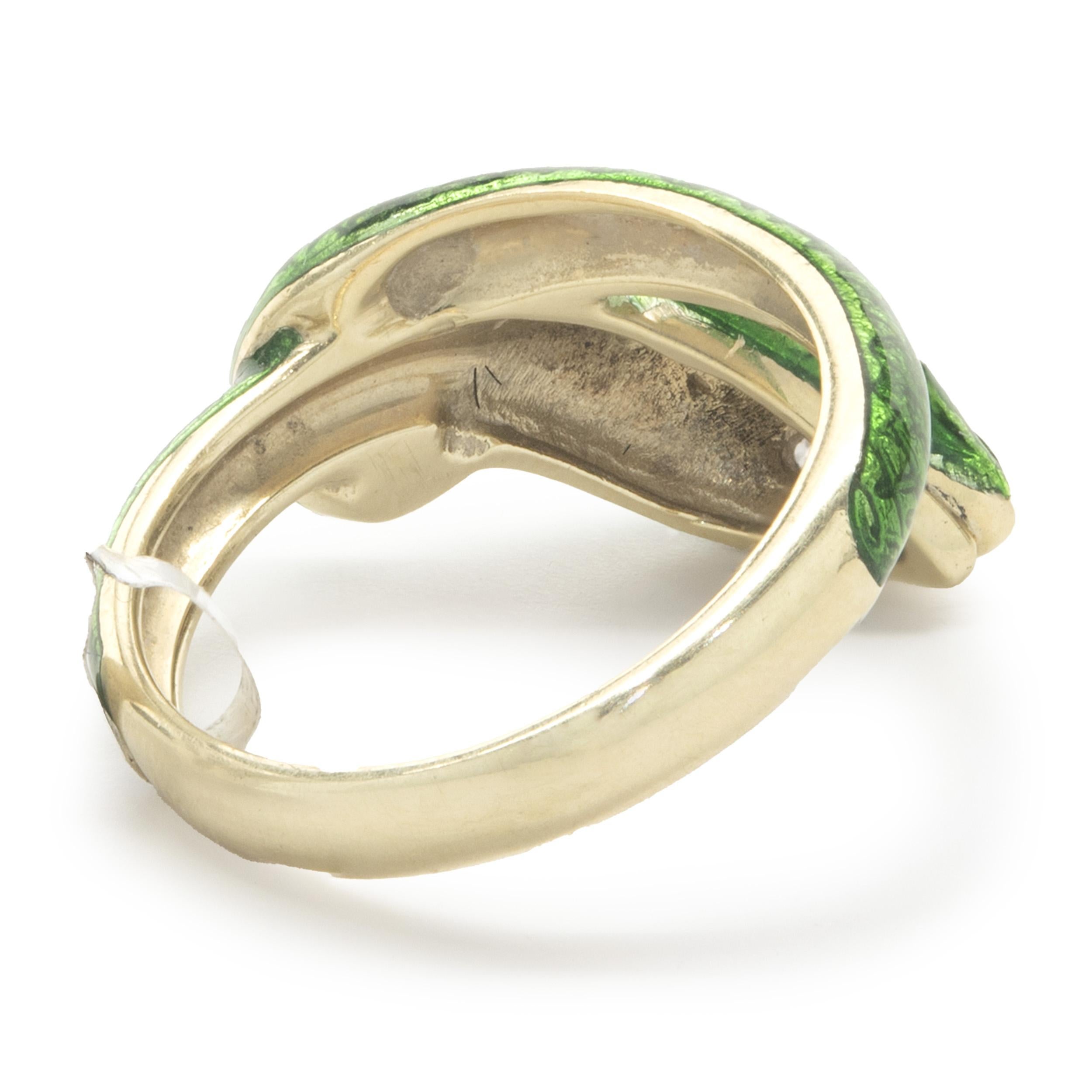 Women's 14 Karat Yellow Gold Green Enamel Snake Ring For Sale