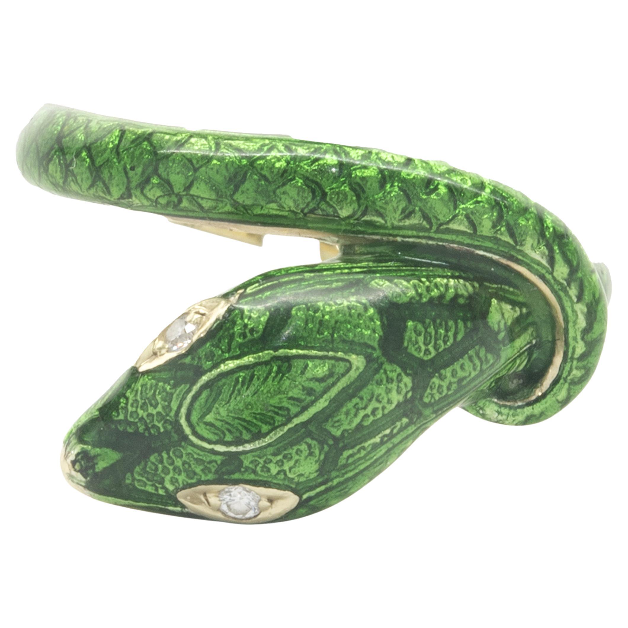 14 Karat Yellow Gold Green Enamel Snake Ring For Sale