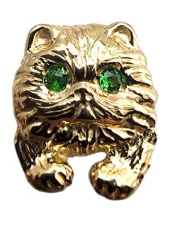 Ciondolo con gatto dagli occhi verdi in oro giallo 14 carati #23579