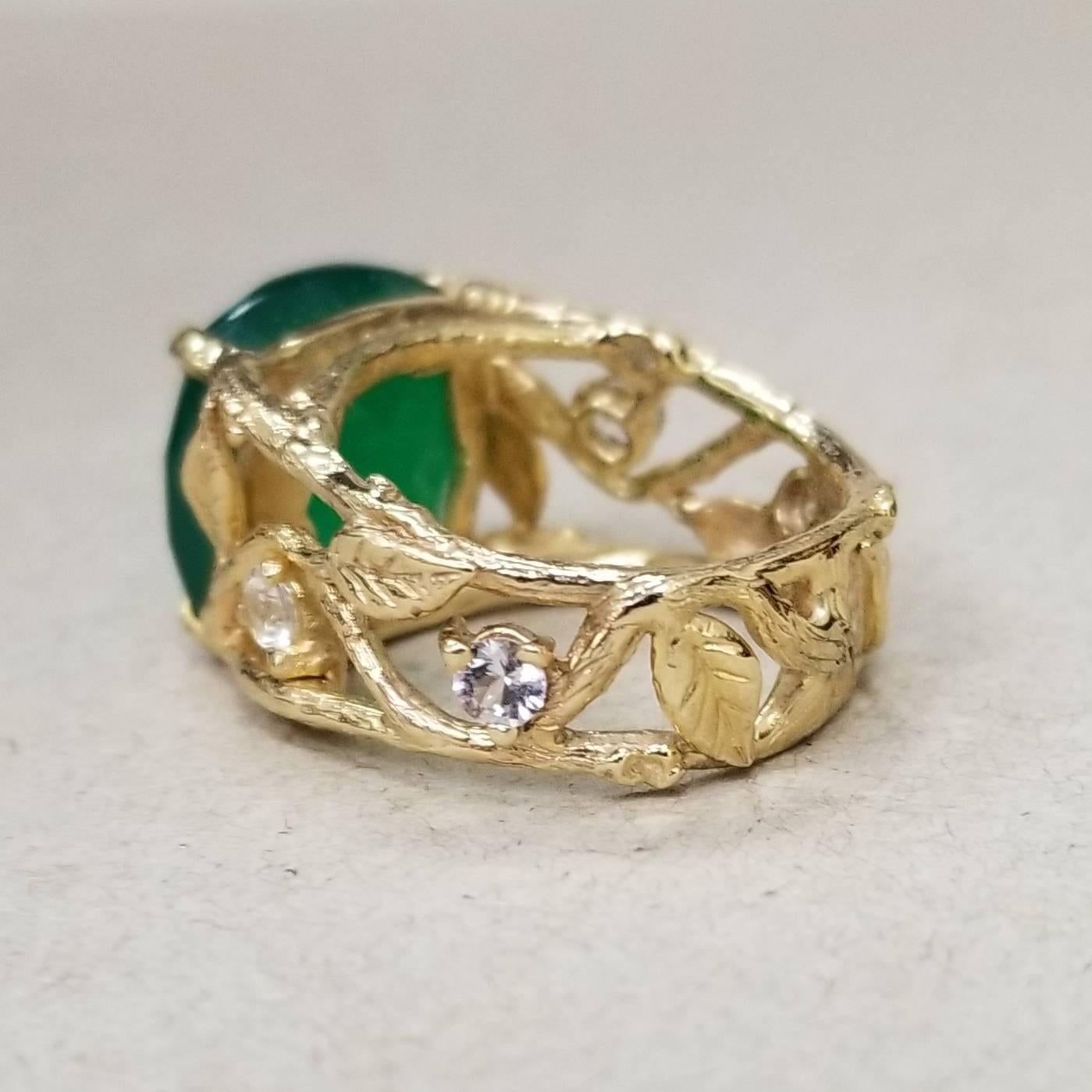 Arts and Crafts 14 Karat Yellow Gold Green Onyx and White Sapphire Bark Ring