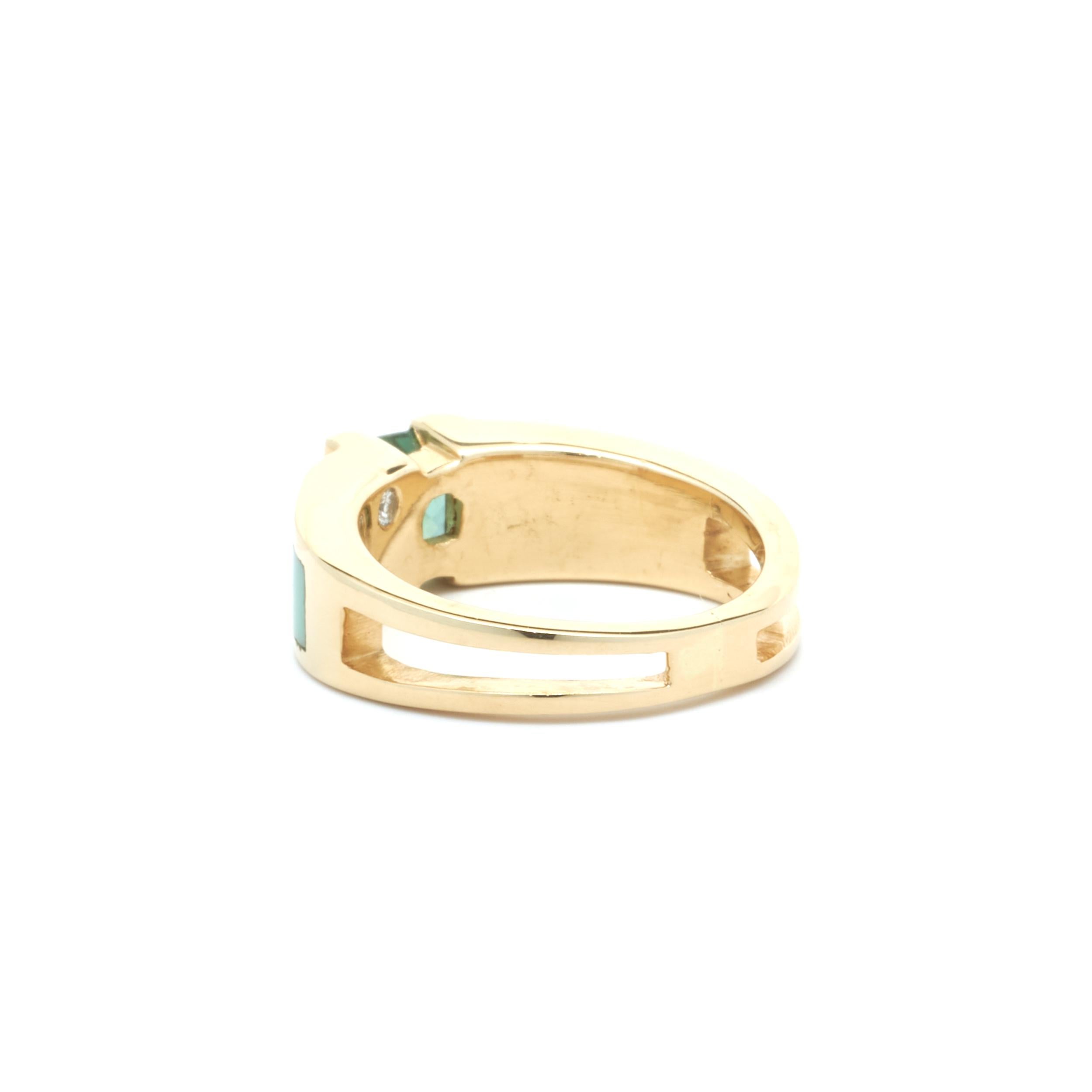 Mixed Cut 14 Karat Yellow Gold Green Quartz, Diamond, and Jade Inlay Ring