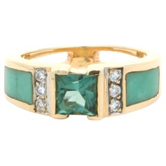 14 Karat Yellow Gold Green Quartz, Diamond, and Jade Inlay Ring