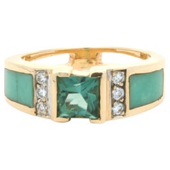 14 Karat Yellow Gold Green Quartz, Diamond, and Jade Inlay Ring