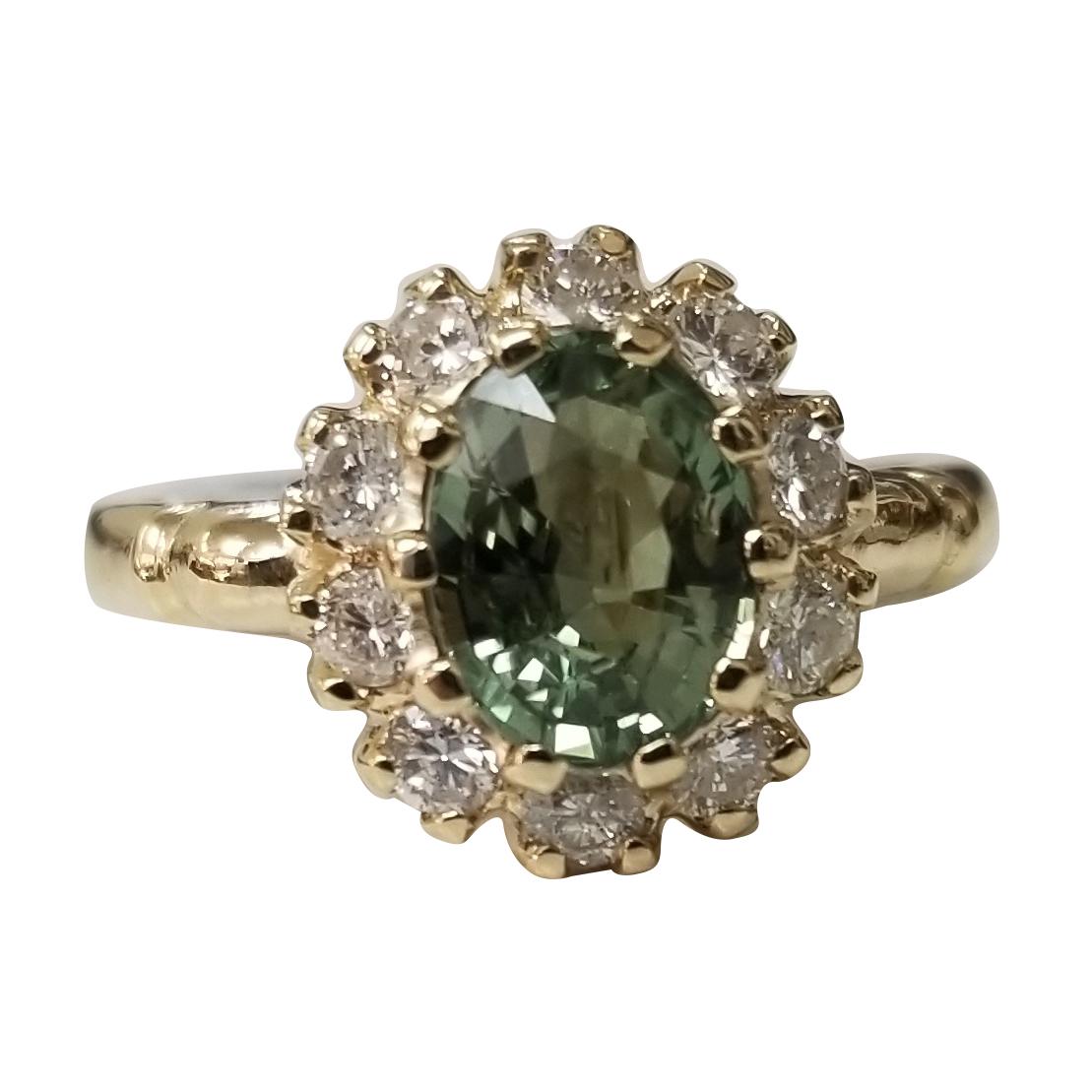 14 Karat Yellow Gold Green Sapphire Diamond Halo Ring