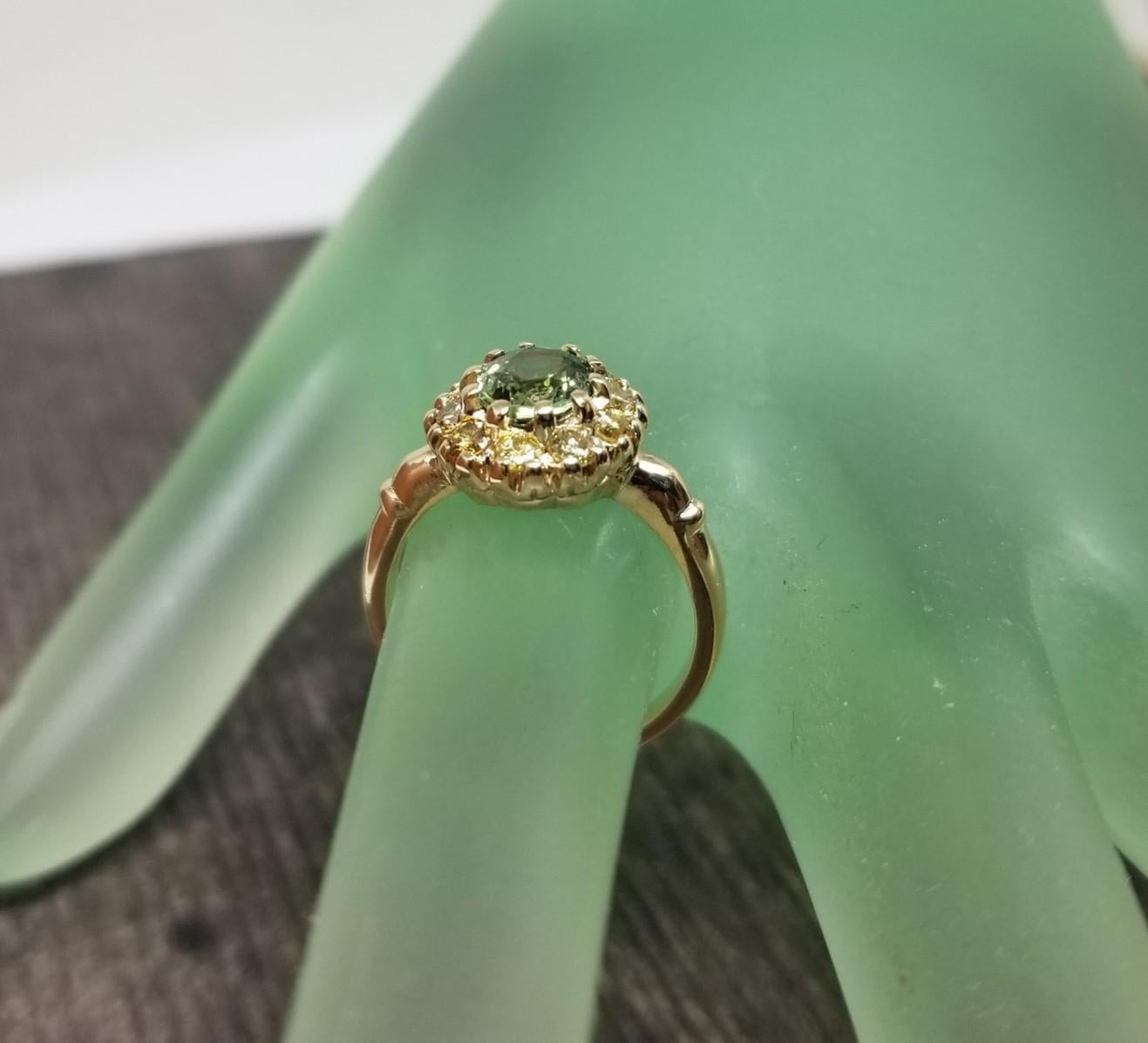 Women's 14 Karat Yellow Gold Green Sapphire yellow Diamond Halo Ring For Sale