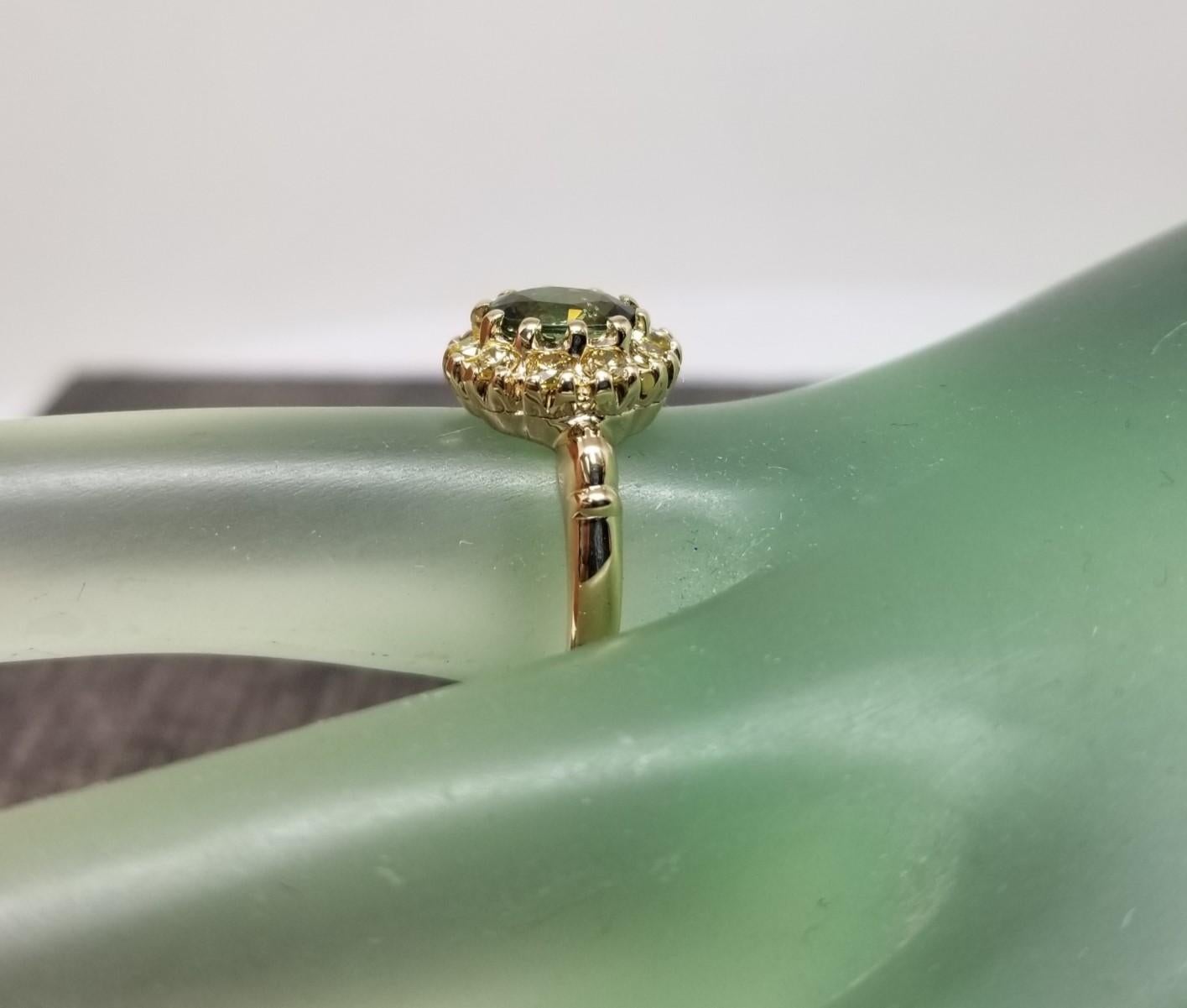 14 Karat Yellow Gold Green Sapphire yellow Diamond Halo Ring For Sale 1
