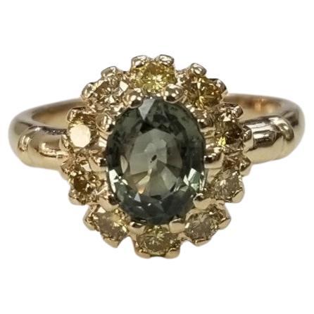 14 Karat Yellow Gold Green Sapphire yellow Diamond Halo Ring For Sale
