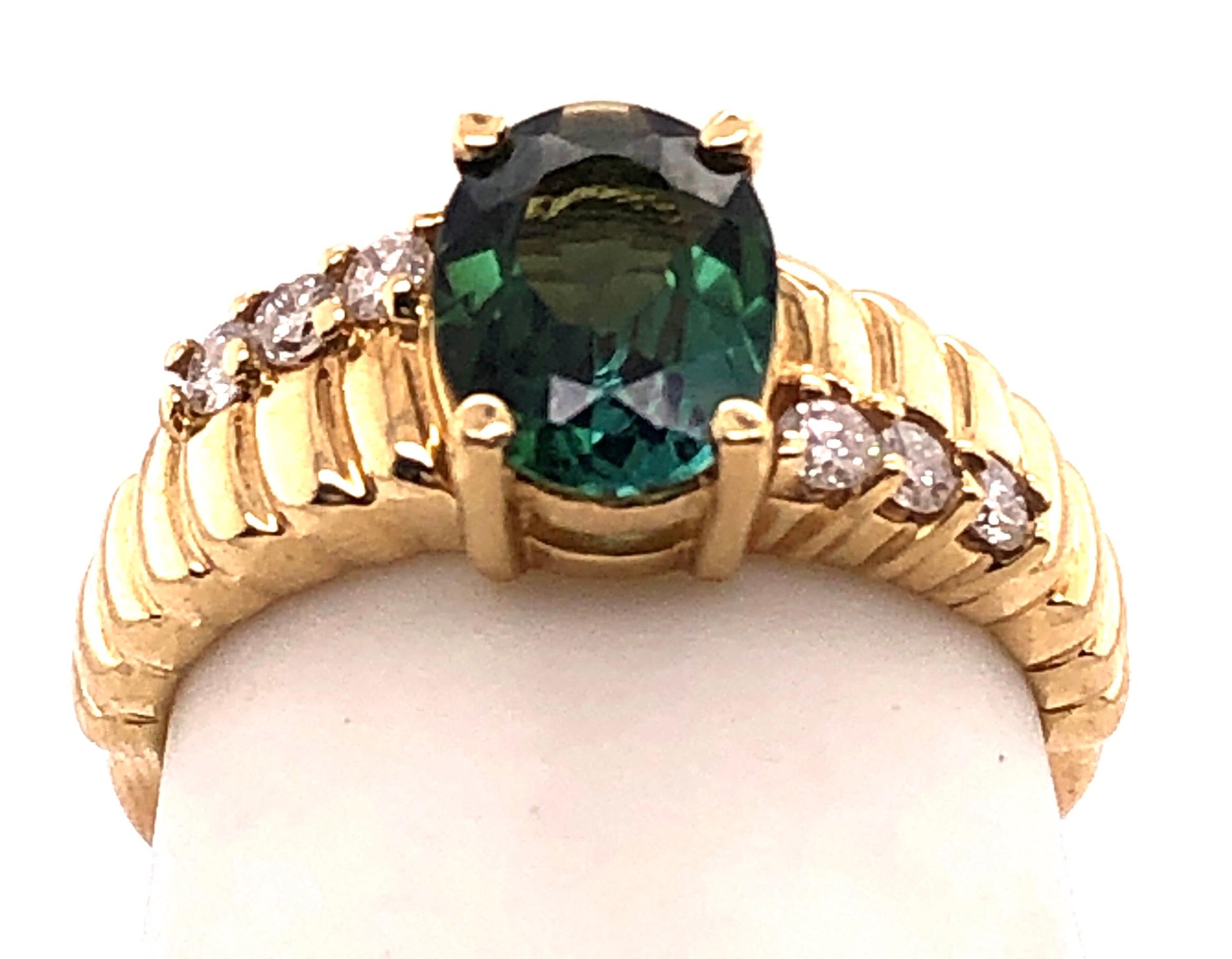 Round Cut 14 Karat Yellow Gold Green Topaz Solitaire Ring with Diamond Accents 0.30 TDW