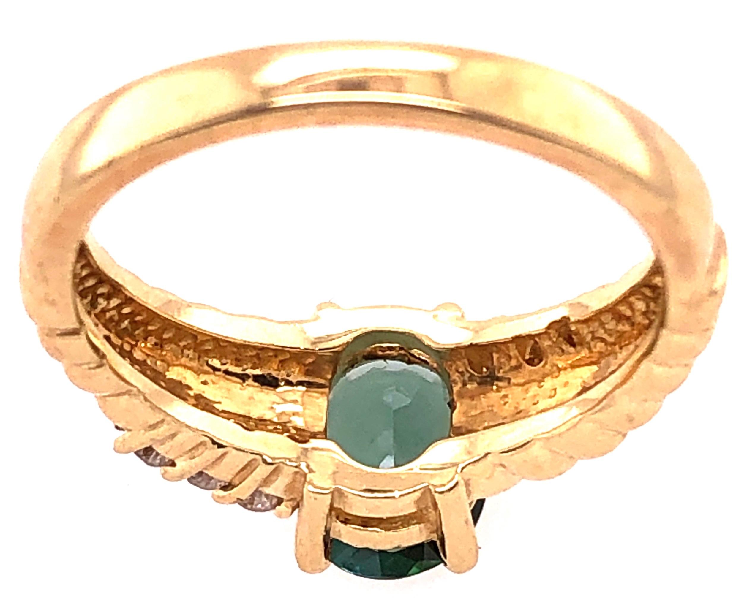 14 Karat Yellow Gold Green Topaz Solitaire Ring with Diamond Accents 0.30 TDW In Good Condition In Stamford, CT