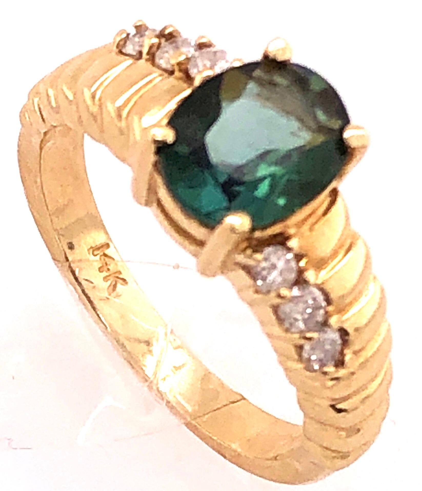 Women's or Men's 14 Karat Yellow Gold Green Topaz Solitaire Ring with Diamond Accents 0.30 TDW