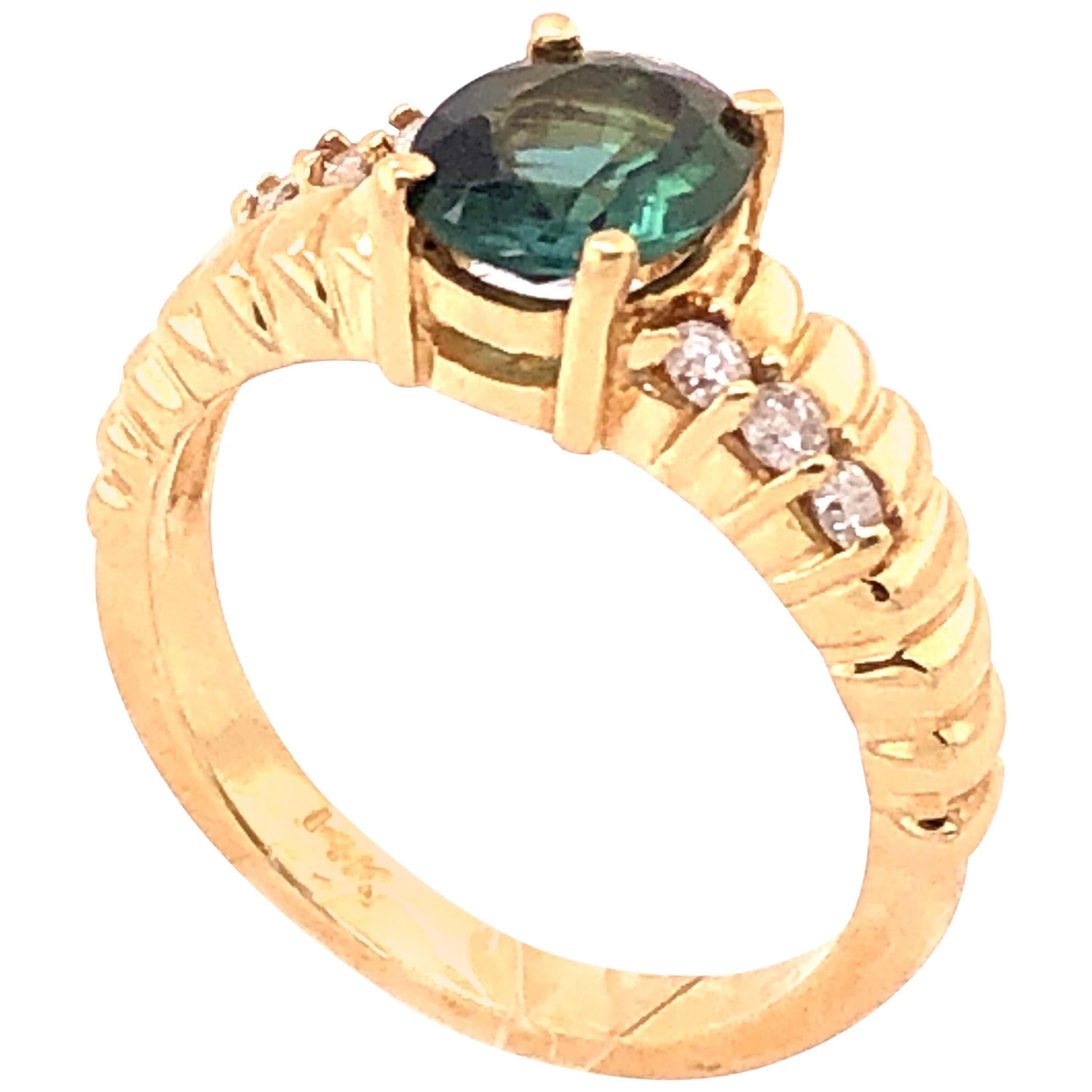 14 Karat Yellow Gold Green Topaz Solitaire Ring with Diamond Accents 0.30 TDW