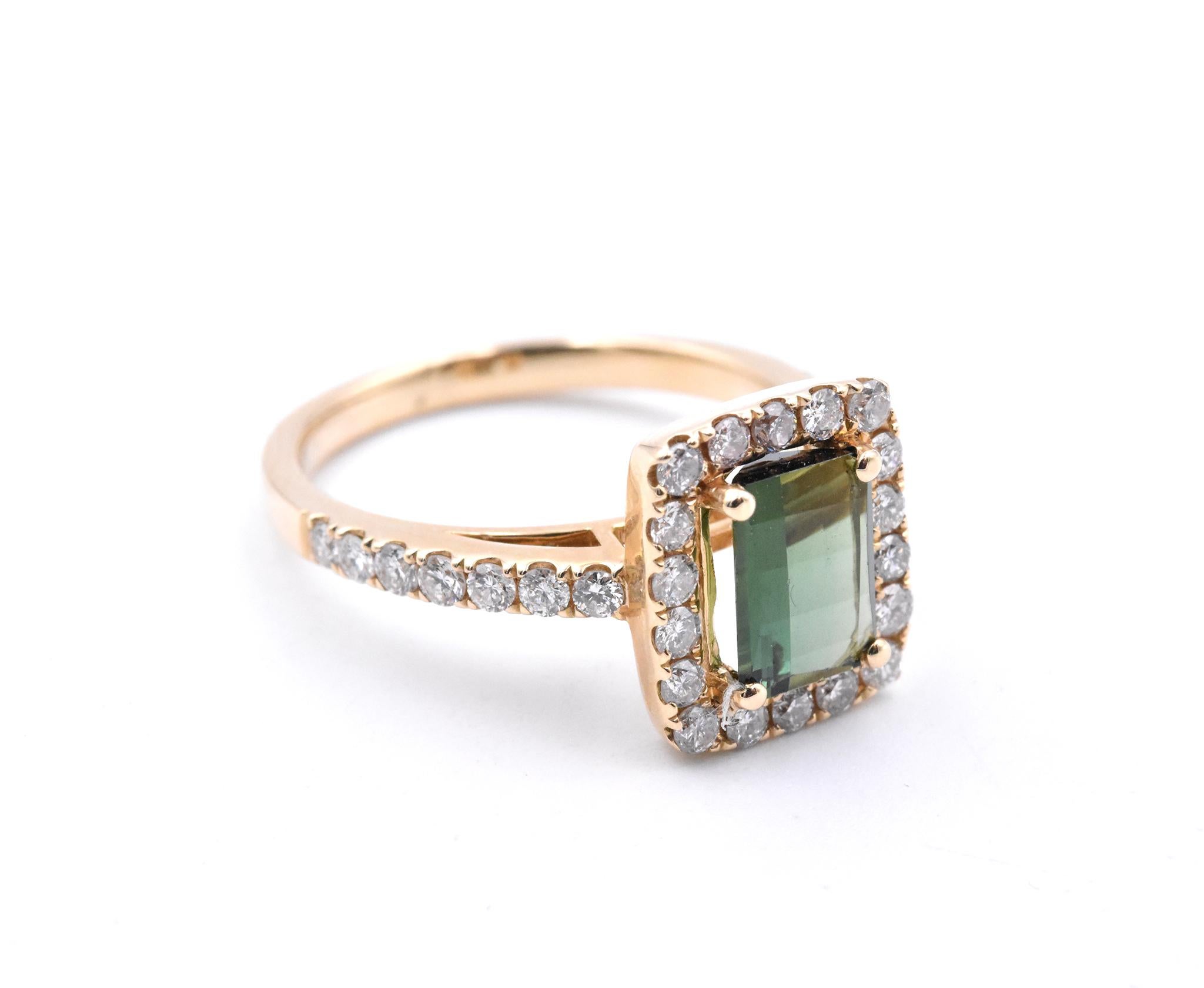 Material: 14k yellow gold
Gemstones: Green Tourmaline = 1.10ct elongated radiant
Certification: AGI 25352
Diamonds: 32 round brilliant cuts = .88cttw
Color: F
Clarity: VS2-SI
Ring Size: 7.5 (please allow two additional shipping days for sizing