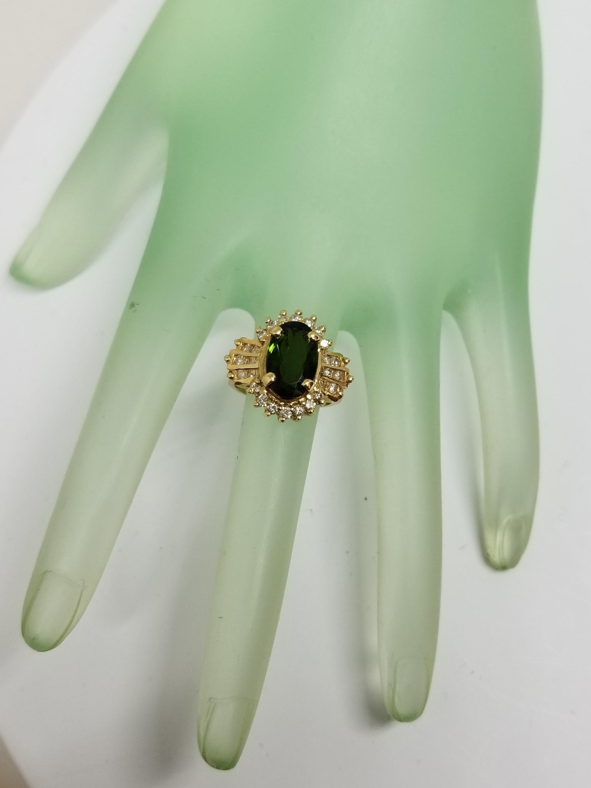 Women's 14 Karat Yellow Gold Green Tourmaline and Diamond Ring For Sale