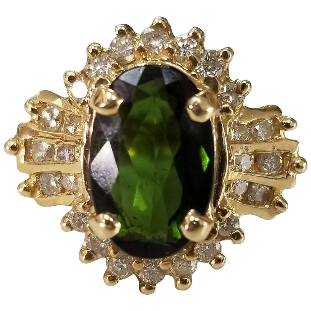 14 Karat Yellow Gold Green Tourmaline and Diamond Ring For Sale